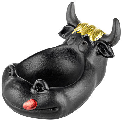 Aschenbecher Kuh schwarz mit goldfarbenen Haaren Frontansicht World of Smoke