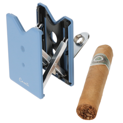 Caseti Zigarrenbohrer graublau mit Ständer Frontansicht World of Smoke