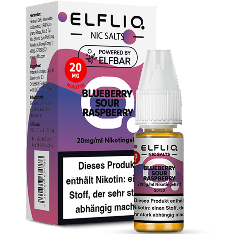 ELFBAR ELFLIQ 20 mg Blueberry Sour Raspberry Nikotinsalz Liquid 10ml Frontansicht World of Smoke