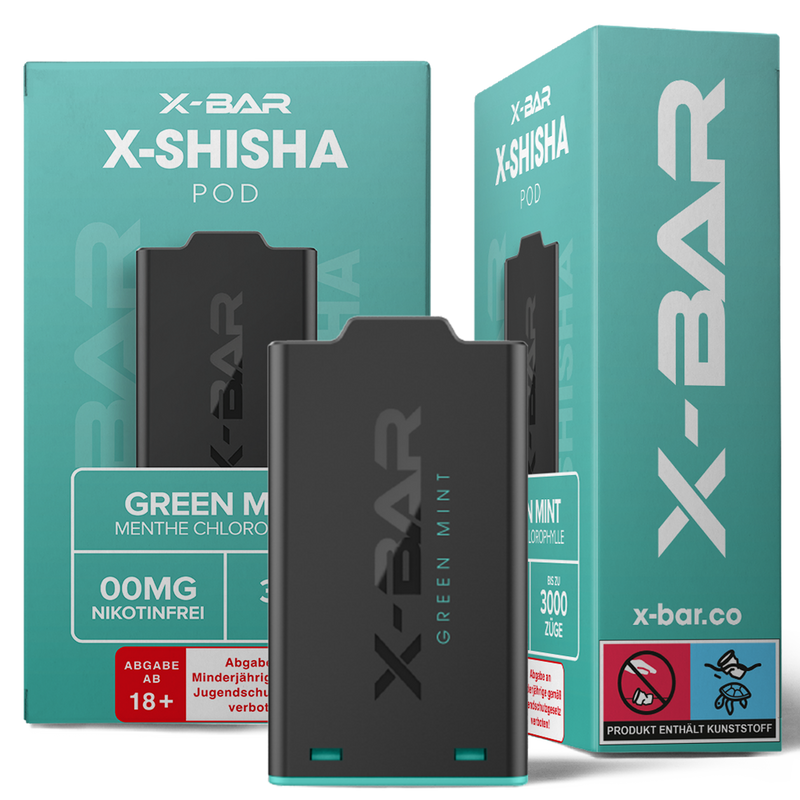 X-Bar X-Shisha Pod Green Mint nikotinfrei Frontansicht World of Smoke