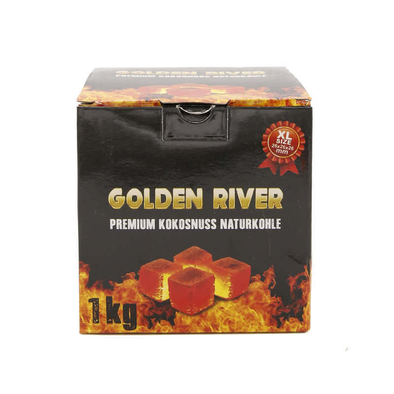 Shishakohle Golden River Premium Kokosnusskohle 1 kg, Würfel 26 x 26 x 26 Frontansicht World of Smoke