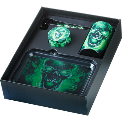 Super Heroes Gift Set Grinder Pipe Storage Tray Skull grün Frontansicht World of Smoke