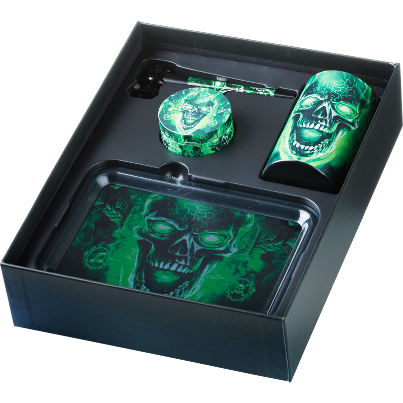 Super Heroes Gift Set Grinder Pipe Storage Tray Skull grün Frontansicht World of Smoke
