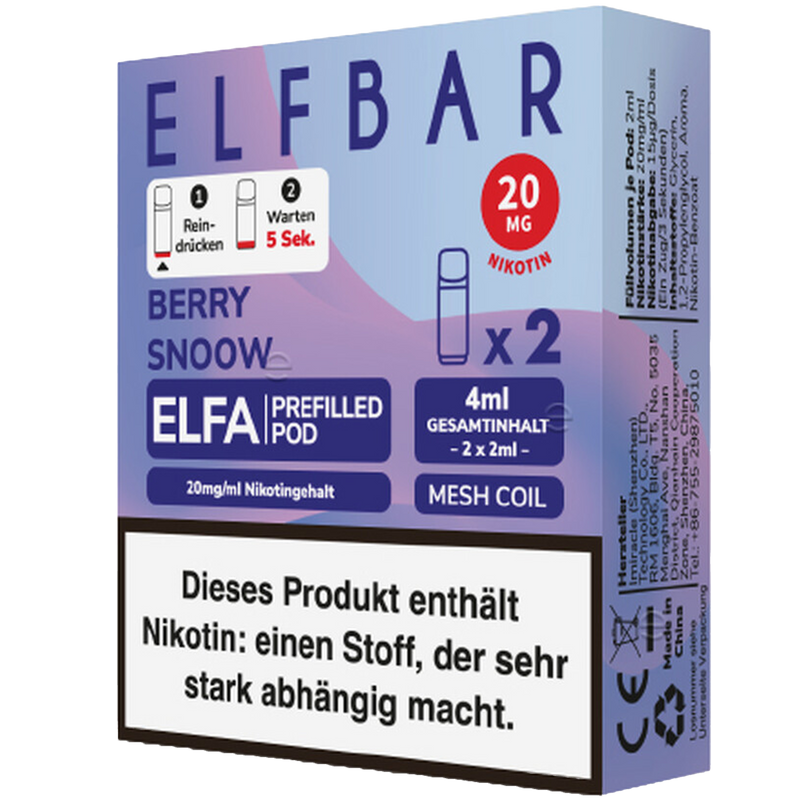 2x ELFBAR Elfa CP prefilled Pod Berry Snoow 20mg/ml ca. 600 Züge Pod Frontansicht World of Smoke 