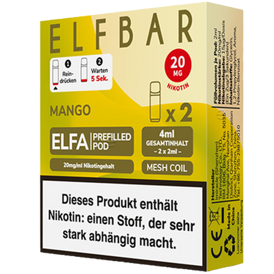 2x ELFBAR ELFA CP prefilled Pod Mango 20mg/ml ca. 600 Züge pod Frontansicht World of Smoke