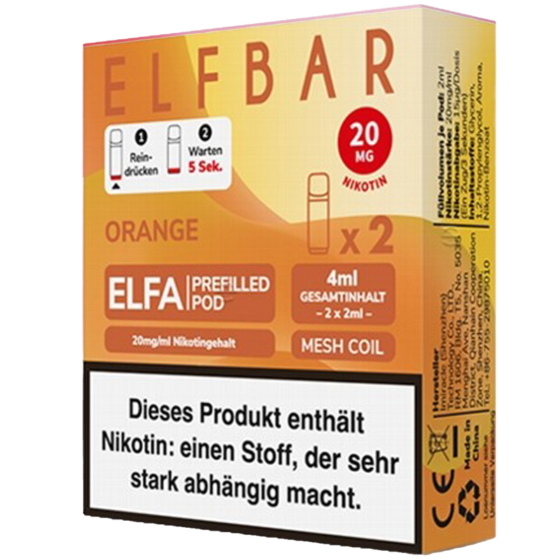 2x ELFBAR ELFA CP prefilled Pod Orange  20mg/ml ca 600 Züge Pod Frontansicht World of Smoke