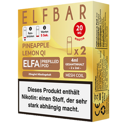 2x ELFBAR ELFA CP Prefilled Pod Pineapple Lemon QI 20mg/ml ca 600 Züge Pod Frontansicht World of Smoke