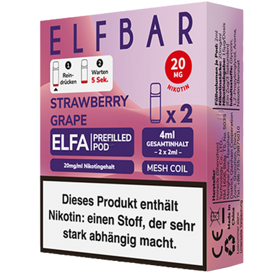 2x ELFBAR ELFA CP prefilled Pod Strawberry Grape  20 mg/ml ca 600 Züge Pod Frontansicht World of Smoke