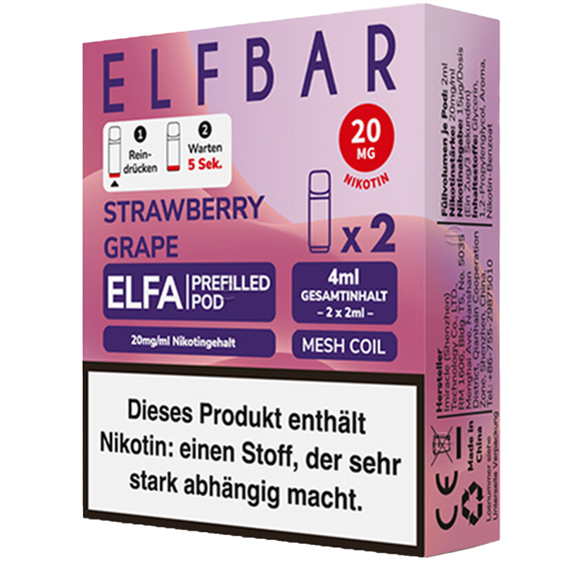 2x ELFBAR ELFA CP prefilled Pod Strawberry Grape  20 mg/ml ca 600 Züge Pod Frontansicht World of Smoke