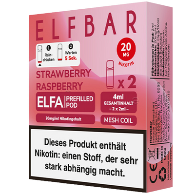 2x ELFBAR ELFA CP Prefilled Pods Strawberry Raspberry 20mg/ml ca 600 Züge Pod Frontansicht World of Smoke