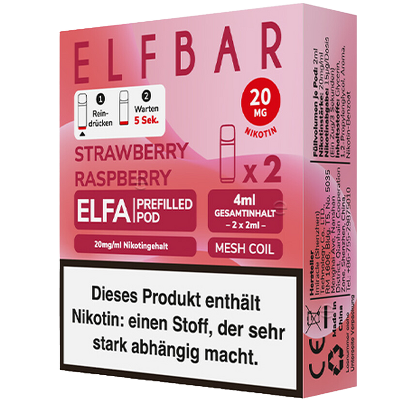 2x ELFBAR ELFA CP Prefilled Pods Strawberry Raspberry 20mg/ml ca 600 Züge Pod Frontansicht World of Smoke
