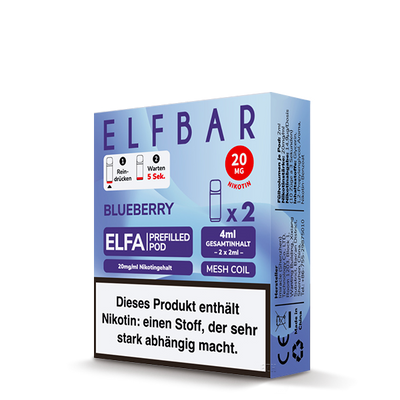 2x ELF BAR ELFA pod blueberry 20mg/ml Frontansicht World of Smoke