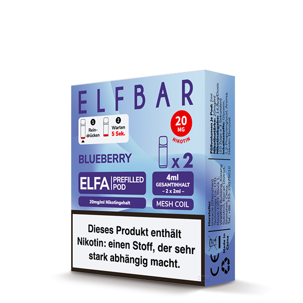 2x ELF BAR ELFA pod blueberry 20mg/ml Frontansicht World of Smoke
