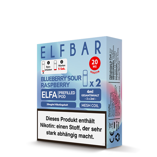 2x ELF BAR ELFA Pods Blueberry Sour Raspberry 20mg/ml Frontansicht World of Smoke 