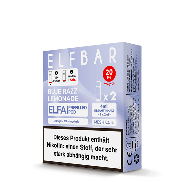 2x ELF BAR ELFA Pod Blue Razz Lemonade 20mg/ml Frontansicht World of Smoke