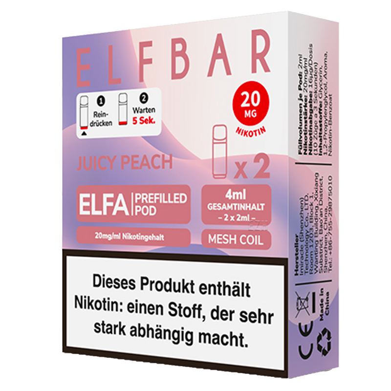 Pods - 2x ELFBAR ELFA CP Prefilled Pod Juicy Peach (Peach Ice) 20mg/ml ca. 600 Zge/Pod Pods - 2x ELFBAR ELFA CP Prefilled Pod Juicy Peach (Peach Ice) 20mg/ml ca. 600 Zge/Pod