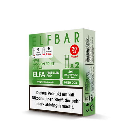 2x ELF BAR ELFA Pods Kiwi Passion Fruit Guava 20mg/ml Frontansicht World of Smoke