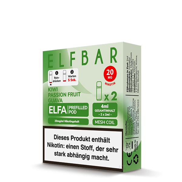 2x ELF BAR ELFA Pods Kiwi Passion Fruit Guava 20mg/ml Frontansicht World of Smoke