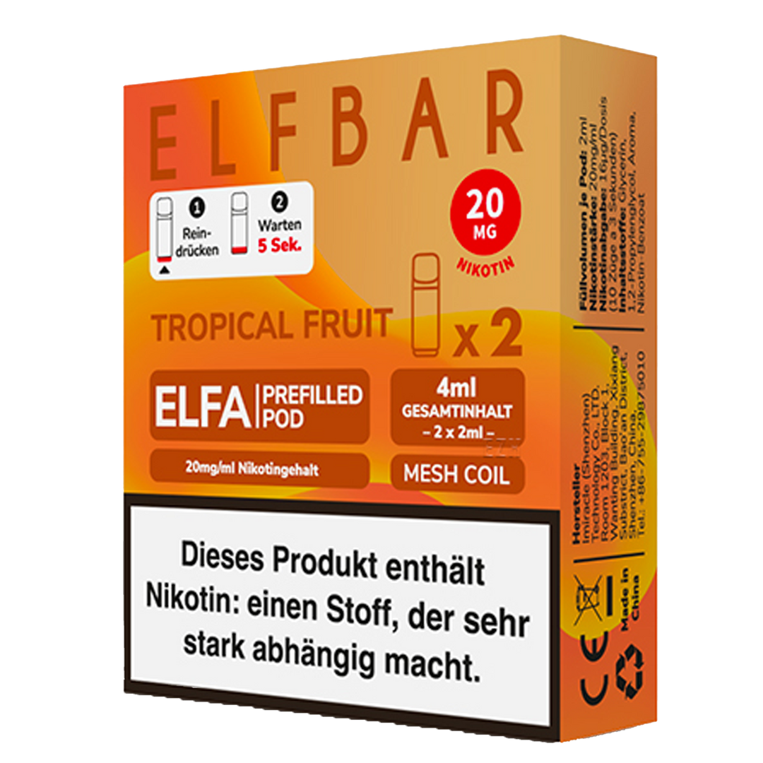 Pods - 2x ELFBAR ELFA CP Prefilled Pod Tropical Fruit 20mg/ml ca. 600 Zge/ Pod Pods - 2x ELFBAR ELFA CP Prefilled Pod Tropical Fruit 20mg/ml ca. 600 Zge/ Pod