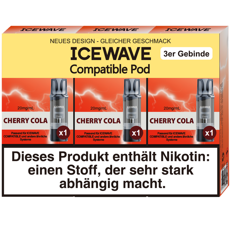 3x ICEWAVE Pod Cherry Cola 20mg/ml ca. 700 Züge/Pod Frontansicht World of Smoke