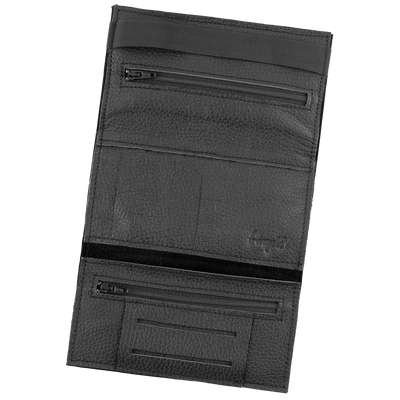 Angelo Feinschnittbeutel Doppelheftchen Leder schwarz 9x16,5cm mit Gummiband Detailansicht World of Smoke