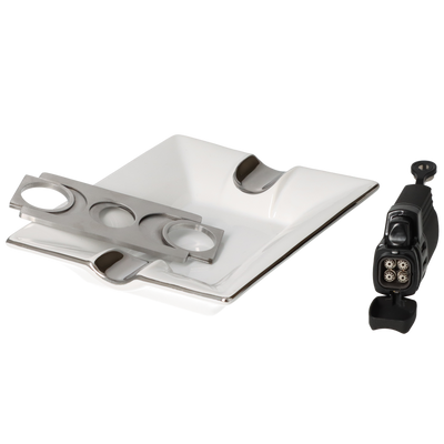 Angelo Geschenkbox Zigarrenascher weiss + Cutter Ring53 + Feuerzeug mit Bohrer Detailansicht World of Smoke