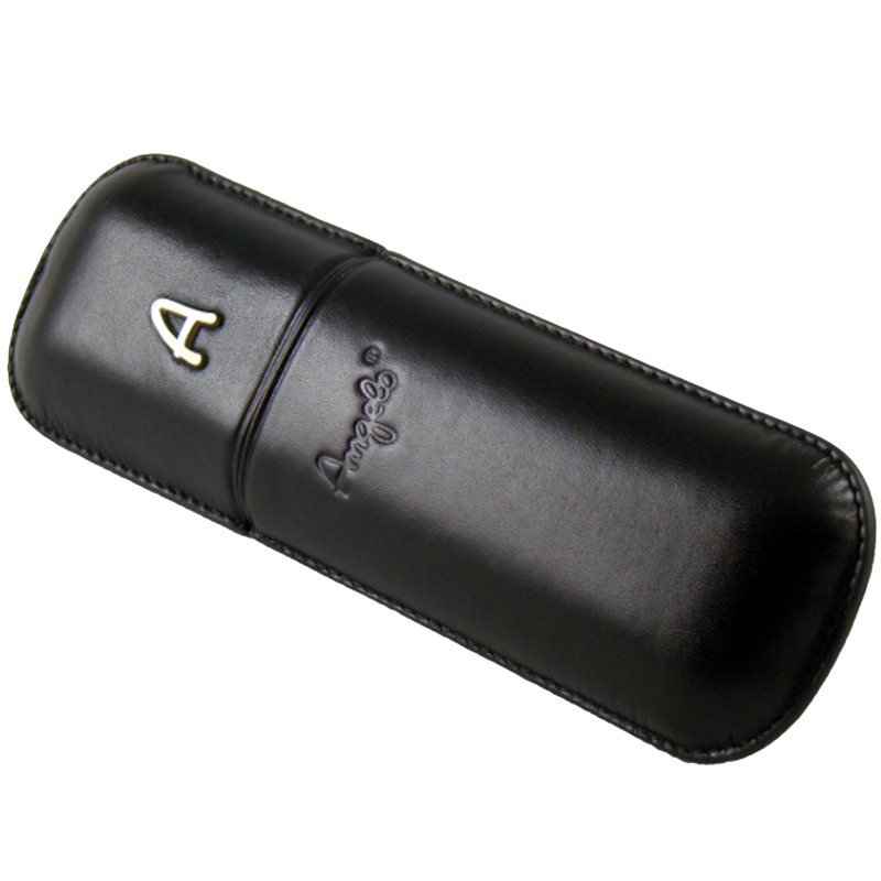 Angelo Zigarrenetui Schwarz 2er, Lederimitat, 18cm,Ring 50 Frontansicht World of Smoke
