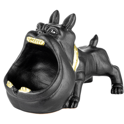 Aschenbecher Hund stehend braun mit goldfarbenen Zähnen Frontansicht World of Smoke