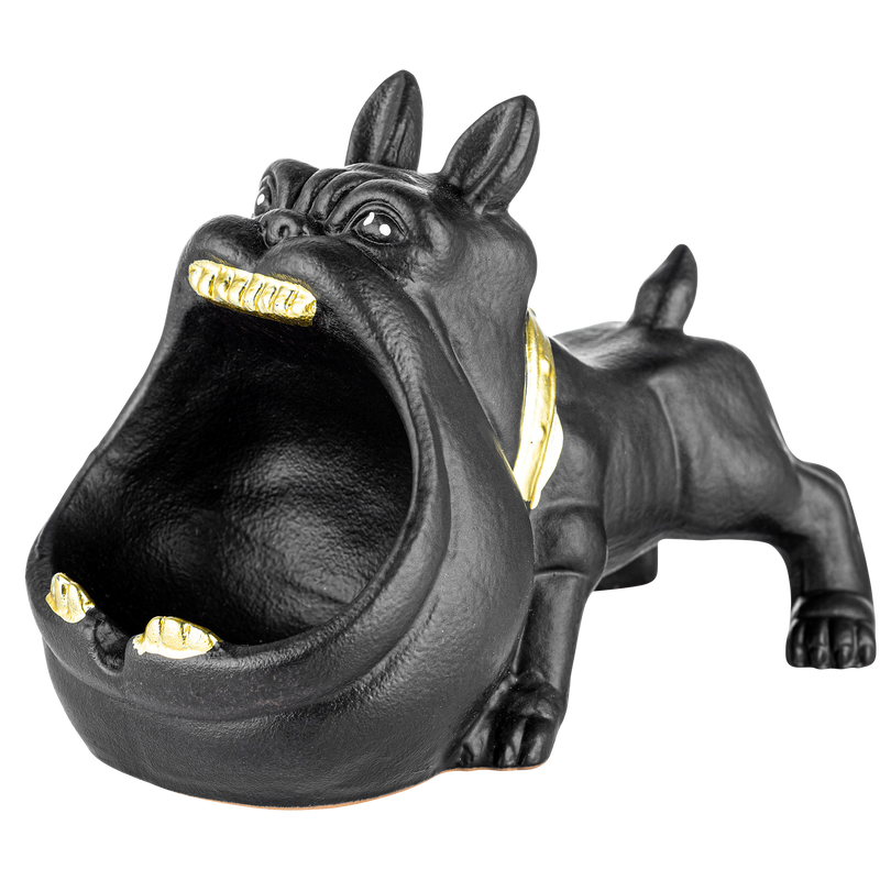 Aschenbecher Hund stehend braun mit goldfarbenen Zähnen Frontansicht World of Smoke