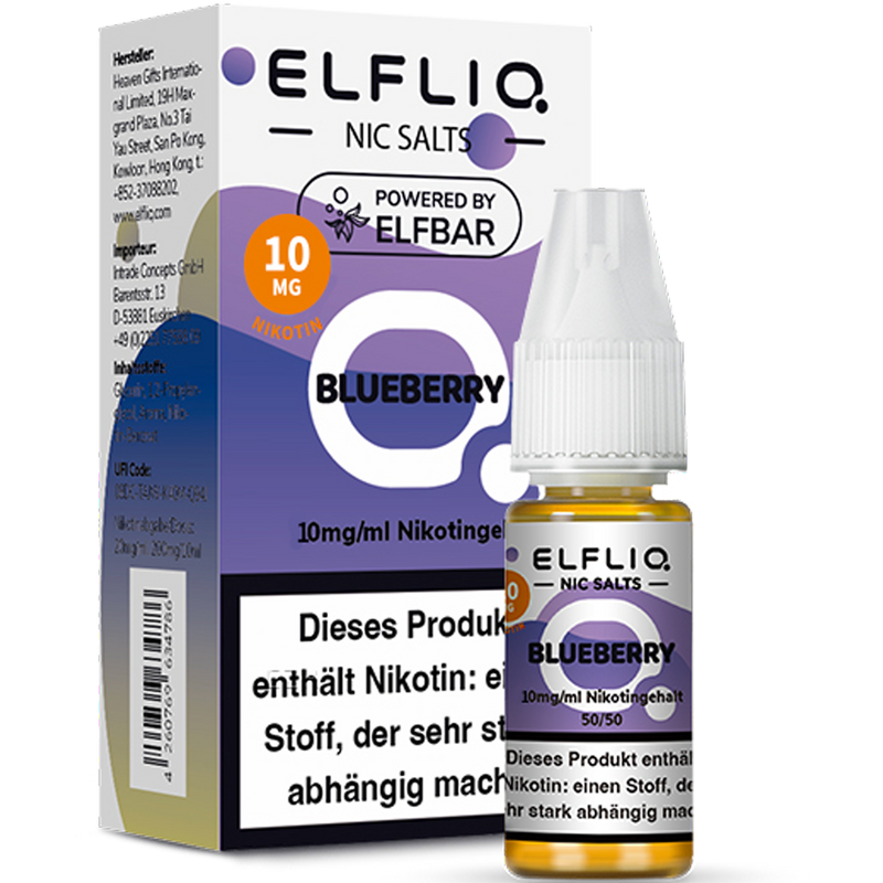 ELFBAR ELFLIQ 10 mg Blueberry Nikotinsalz Liquid 10ml Frontansicht World of Smoke