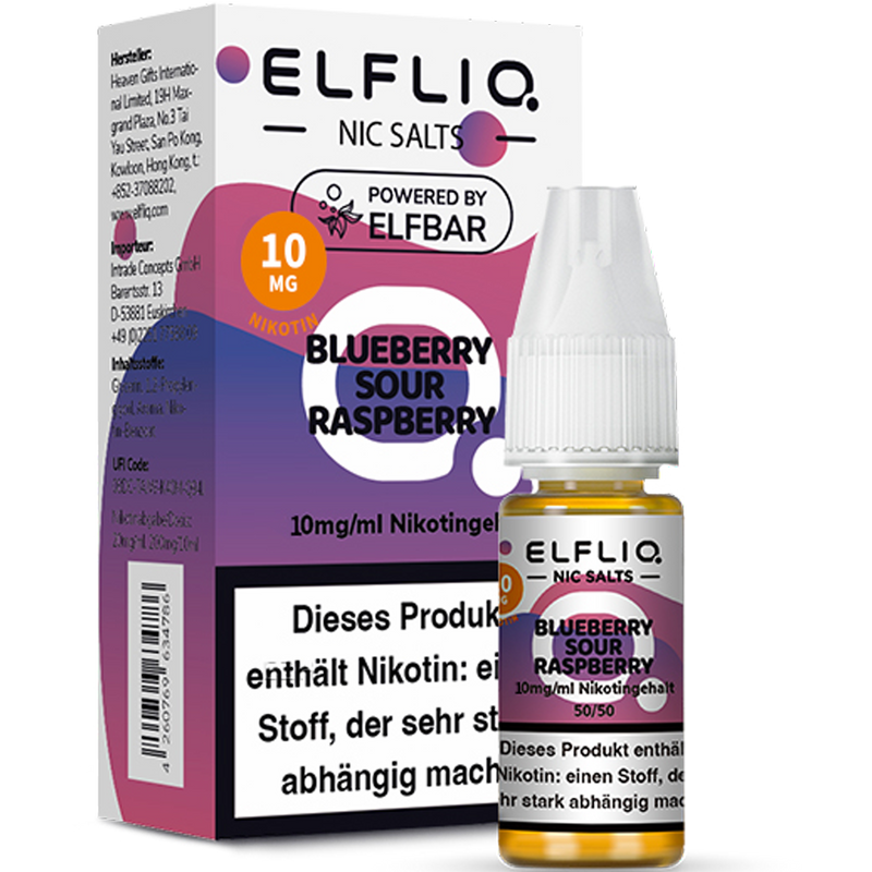 ELFBAR ELFLIQ 10 mg Blueberry Sour Raspberry Nikotinsalz Liquid 10ml Frontansicht World of Smoke