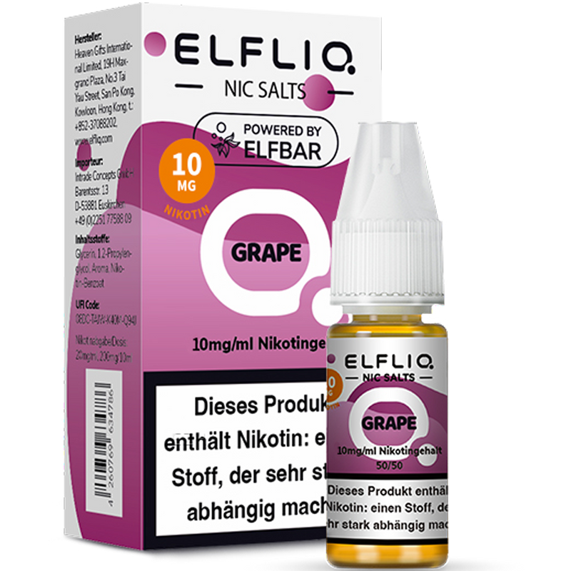 ELFBAR ELFLIQ 10 mg Grape Nikotinsalz Liquid 10ml Frontansicht World of Smoke