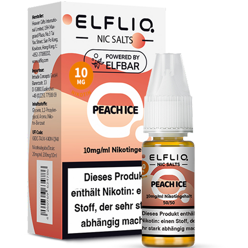 ELFBAR ELFLIQ 10 mg Peach Ice Nikotinsalz Liquid 10ml Frontansicht World of Smoke