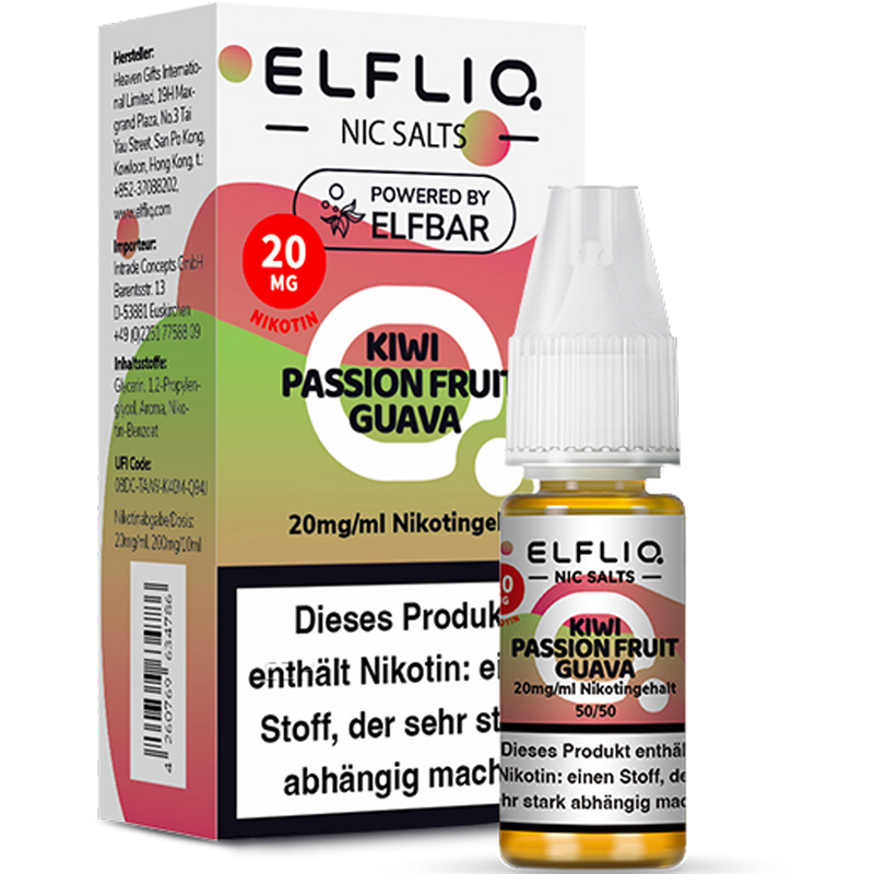 ELFBAR ELFLIQ 20 mg Kiwi Passionfruit Guava Nikotinsalz Liquid 10ml Frontansicht World of Smoke