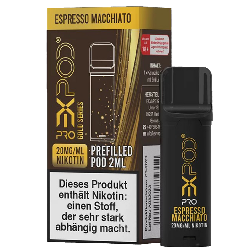 EXPOD Pro POD - Gold Series - Espresso Macchiato 20mg/ml, ca. 600 Züge Frontansicht World of Smoke