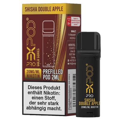 EXPOD Pro POD - Gold Series - Shisha Double Apple 20mg/ml, ca. 600 Züge Frontansicht World of Smoke