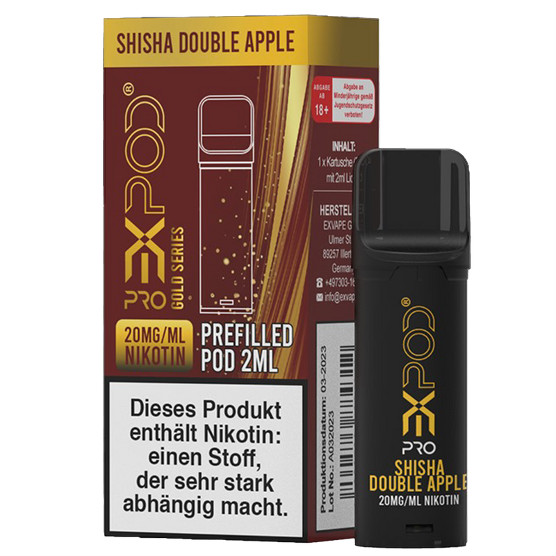 EXPOD Pro POD - Gold Series - Shisha Double Apple 20mg/ml, ca. 600 Züge Frontansicht World of Smoke