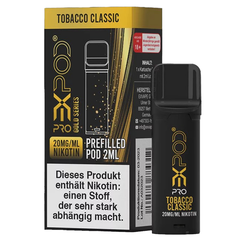 EXPOD Pro POD - Gold Series - Tobacco Classic 20mg/ml, ca. 600 Züge Frontansicht World of Smoke