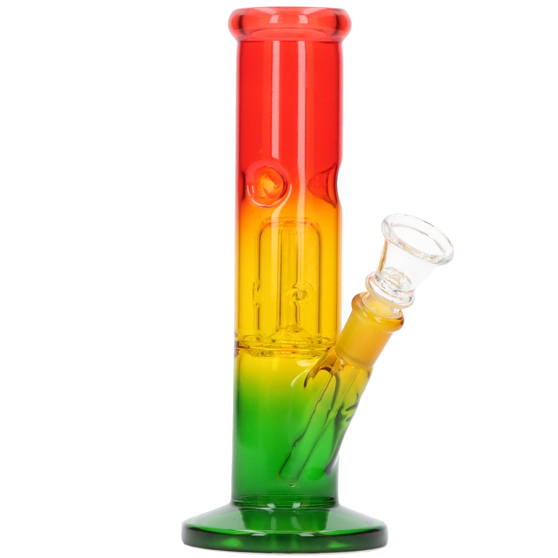 Glasbong Ice+Percolator Zylinder Rasta Farben Frontansicht World of Smoke