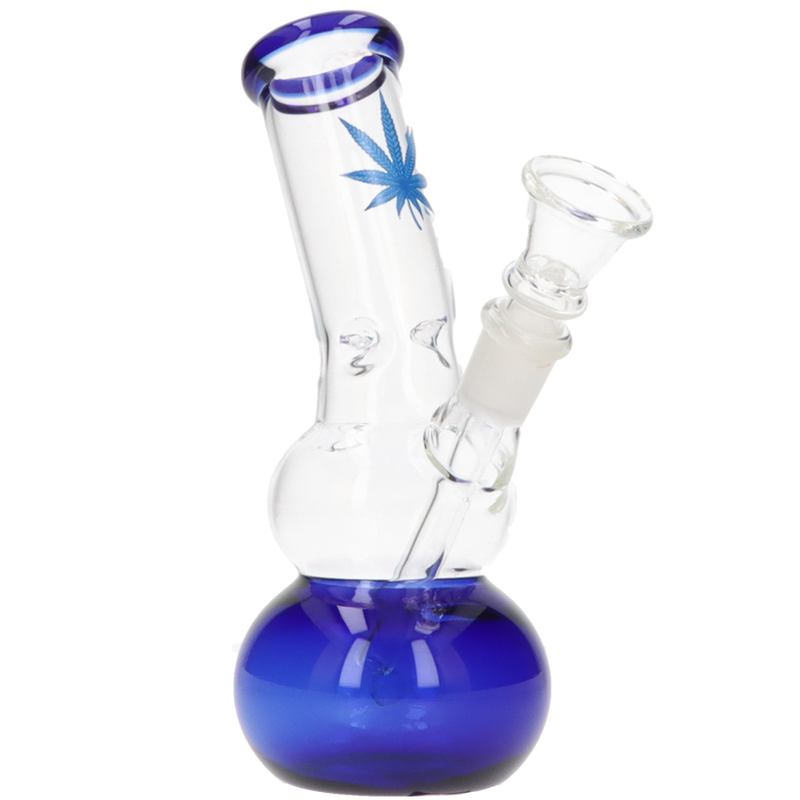 Glasbong Ice zwei Kugeln transparent Hanfblatt blau Frontansicht World of Smoke