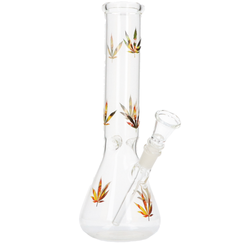 Glasbong Konisch transparent Hanfblatt bunt Frontansicht World of Smoke