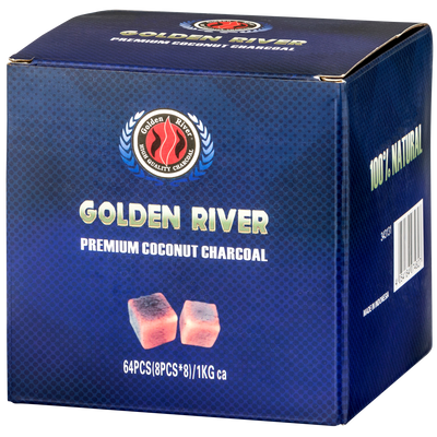 Golden River Premium Kokosnusskohle 1 Kg 8x8 Würfel 26x26 mm blaue Verpackung Frontansicht World of Smoke