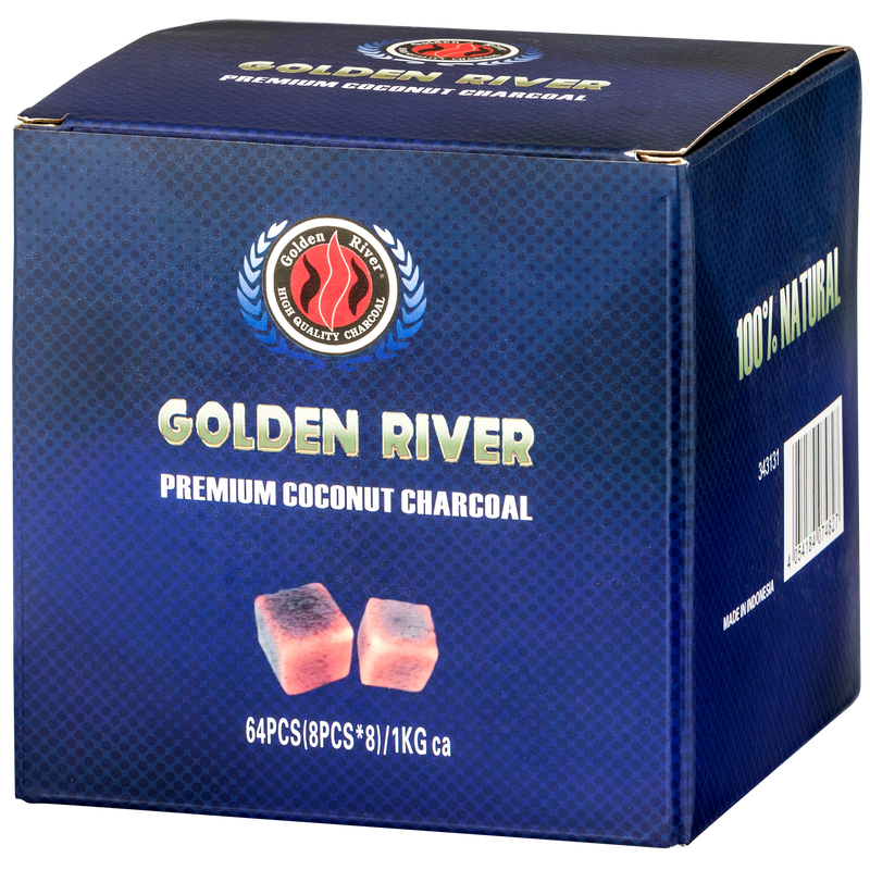 Golden River Premium Kokosnusskohle 1 Kg 8x8 Würfel 26x26 mm blaue Verpackung Frontansicht World of Smoke
