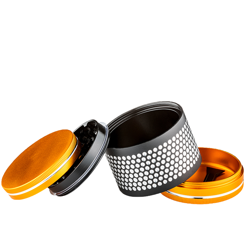 Grinder 3tlg. Metall goldfarben/schwarz Detailansicht World of Smoke