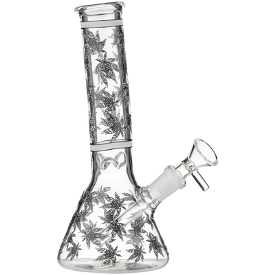 Super Heroes Glasbong Ice konisch transparent Hanfblatt, H. 19,5cm Ø 3,5 Chillum 14,5 Schliff Frontansicht World of Smoke