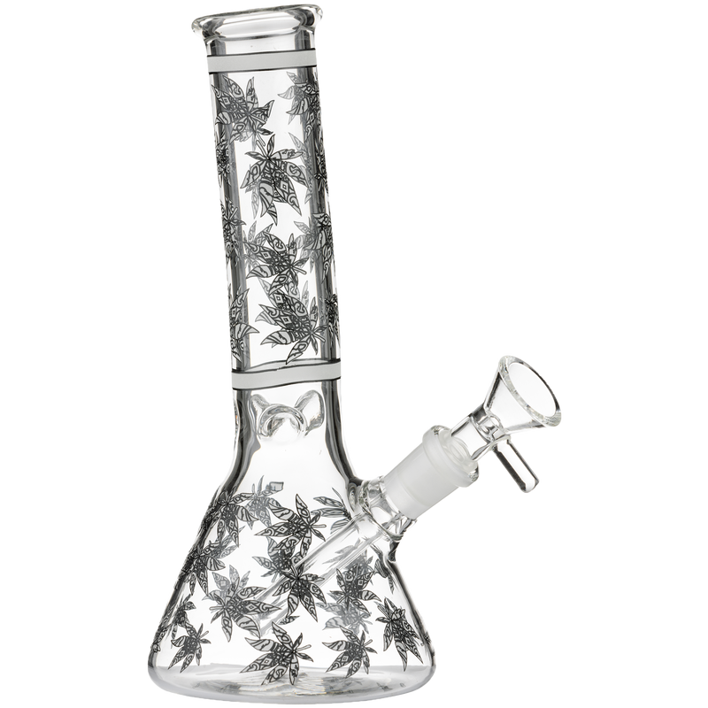 Super Heroes Glasbong Ice konisch transparent Hanfblatt, H. 19,5cm Ø 3,5 Chillum 14,5 Schliff Frontansicht World of Smoke