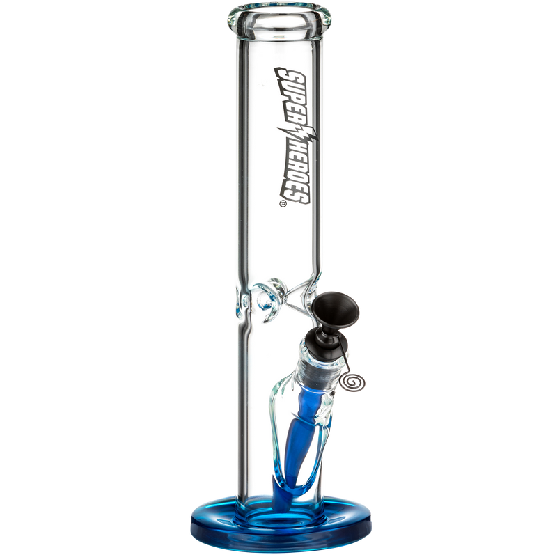 Super Heroes Ice Glasbong blau transparent Metallchillum Frontansicht World of Smoke