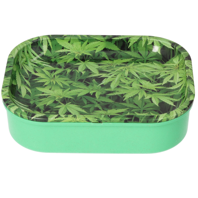 Super Heroes Rolling Tray +TinBox Hanf grün Frontansicht World of Smoke