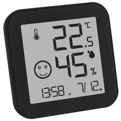 TFA Digital Hygrometer 7,5x7,5cm schwarz mit Ständer Klebeband u Magnet Frontansicht World of Smoke