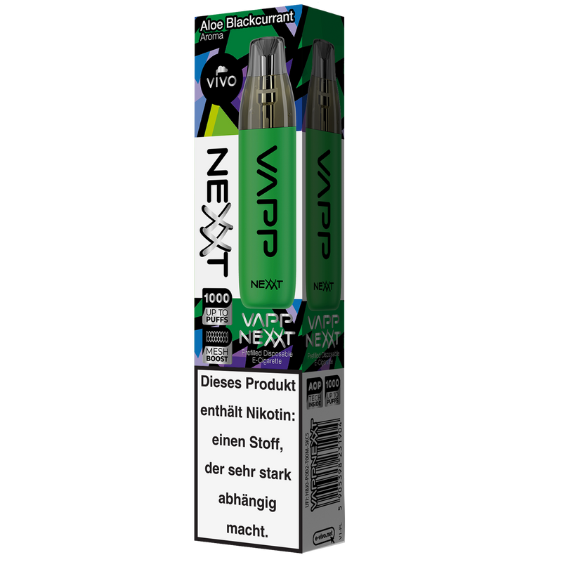 VIVO VAPP Nexxt Einweg E-Zigarette Aloa Blackcurrant 20mg/ml bis zu 1000 Züge Detailansicht World of Smoke